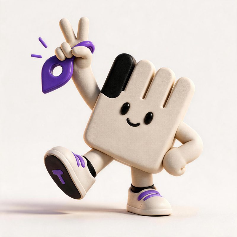 Tally holding up a purple map pin